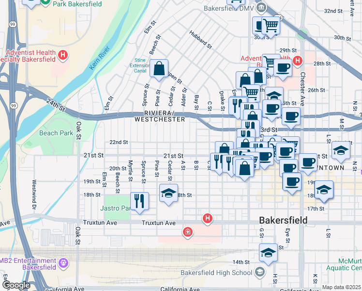 map of restaurants, bars, coffee shops, grocery stores, and more near 2401 22nd Street in Bakersfield