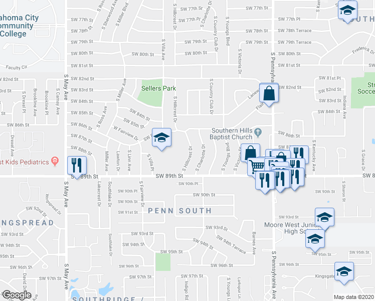 map of restaurants, bars, coffee shops, grocery stores, and more near 8805 South Hillcrest Drive in Oklahoma City