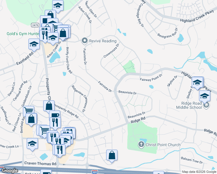 map of restaurants, bars, coffee shops, grocery stores, and more near 4520 Fairvista Drive in Charlotte