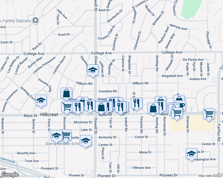 map of restaurants, bars, coffee shops, grocery stores, and more near 3208 Crestline Road in Bakersfield