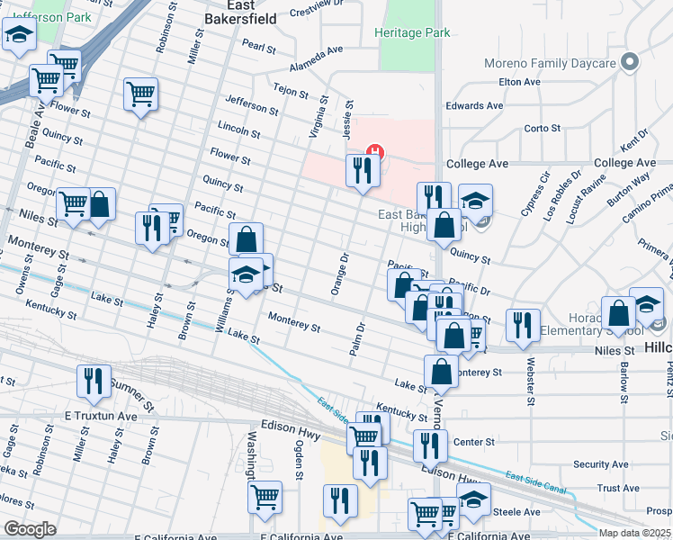 map of restaurants, bars, coffee shops, grocery stores, and more near 1870 Oregon Street in Bakersfield