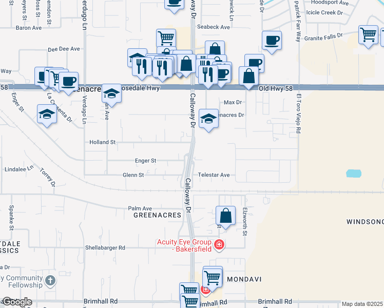 map of restaurants, bars, coffee shops, grocery stores, and more near 9704 Enger Street in Bakersfield