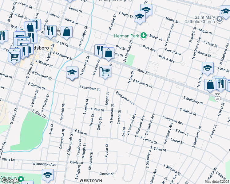 map of restaurants, bars, coffee shops, grocery stores, and more near 902 East Walnut Street in Goldsboro