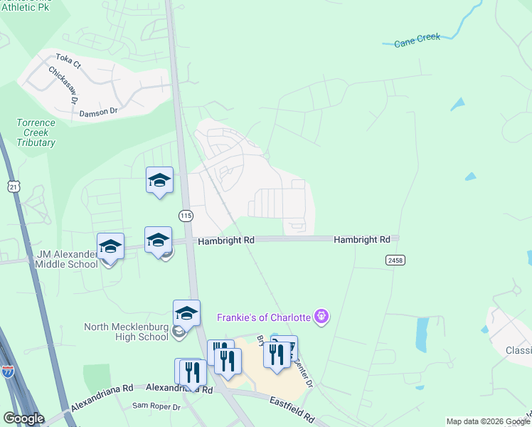 map of restaurants, bars, coffee shops, grocery stores, and more near 11721 Blessington Road in Huntersville