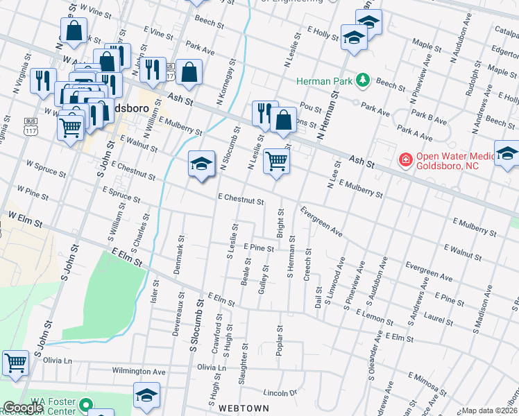 map of restaurants, bars, coffee shops, grocery stores, and more near 716 East Chestnut Street in Goldsboro