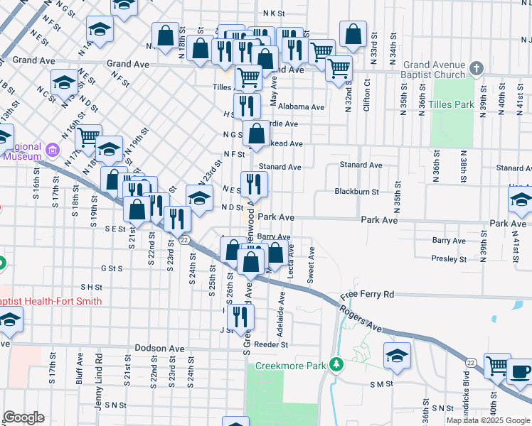 map of restaurants, bars, coffee shops, grocery stores, and more near 401 North May Avenue in Fort Smith