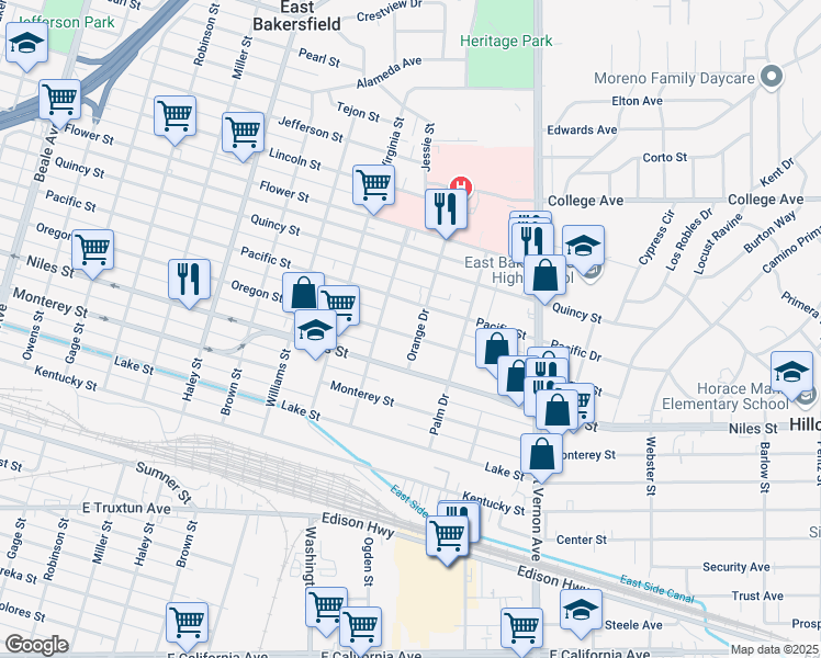 map of restaurants, bars, coffee shops, grocery stores, and more near 1870 Oregon Street in Bakersfield