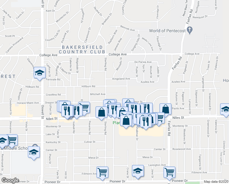 map of restaurants, bars, coffee shops, grocery stores, and more near 3928 Mitchell Avenue in Bakersfield