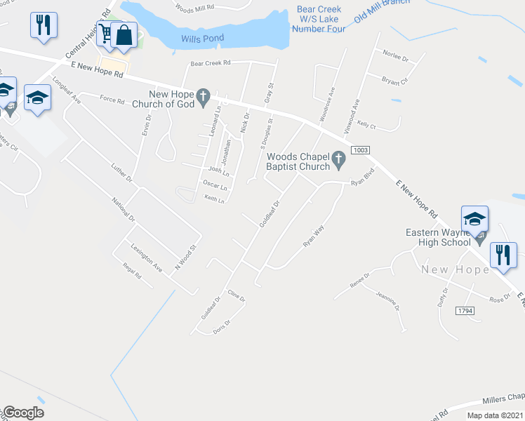 map of restaurants, bars, coffee shops, grocery stores, and more near 309 Goldleaf Drive in Goldsboro