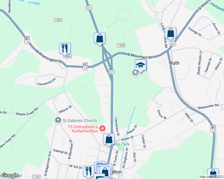 map of restaurants, bars, coffee shops, grocery stores, and more near 702 North Main Street in Rutherfordton