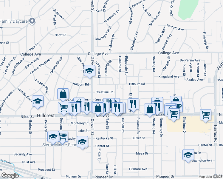 map of restaurants, bars, coffee shops, grocery stores, and more near 3208 Crestline Road in Bakersfield
