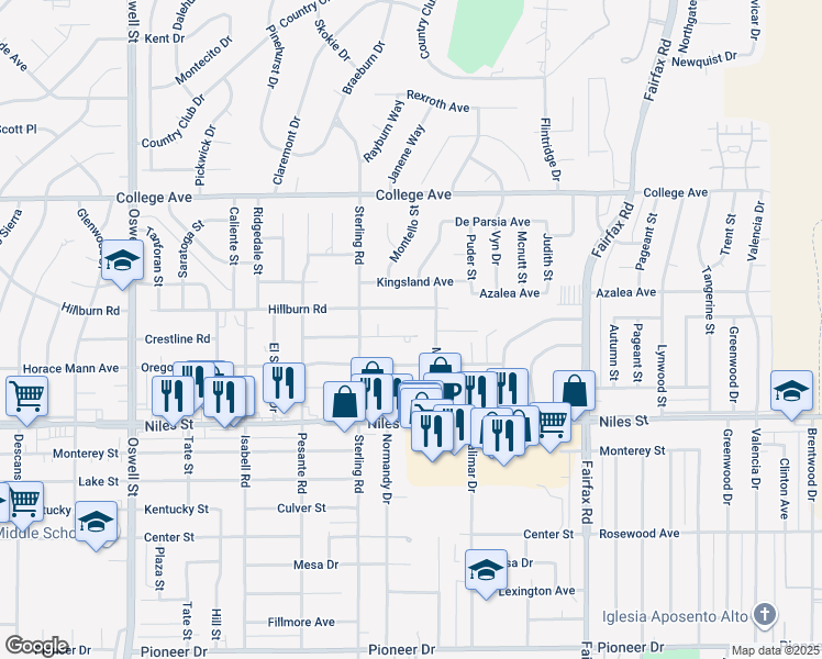 map of restaurants, bars, coffee shops, grocery stores, and more near 4024 Mitchell Avenue in Bakersfield