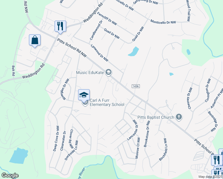 map of restaurants, bars, coffee shops, grocery stores, and more near 2564 Brackley Place Northwest in Concord