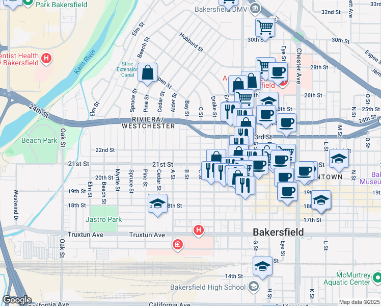 map of restaurants, bars, coffee shops, grocery stores, and more near 2120 B Street in Bakersfield