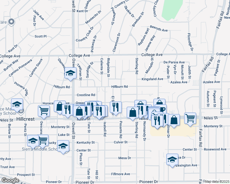 map of restaurants, bars, coffee shops, grocery stores, and more near 1525 El Serento Drive in Bakersfield