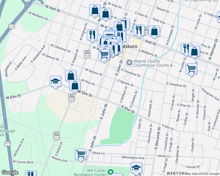 map of restaurants, bars, coffee shops, grocery stores, and more near 310 South John Street in Goldsboro