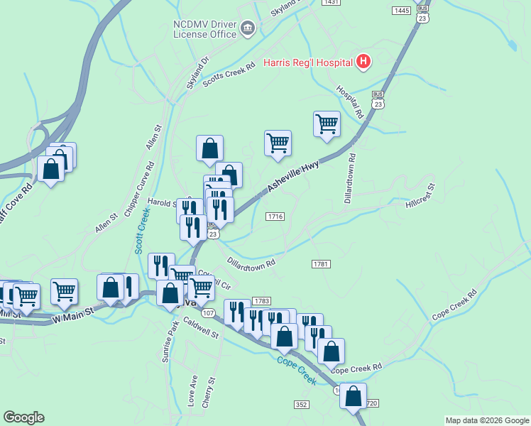 map of restaurants, bars, coffee shops, grocery stores, and more near 128 Hilltop Drive in Sylva