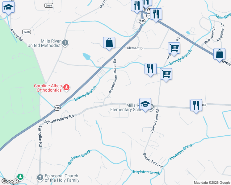 map of restaurants, bars, coffee shops, grocery stores, and more near 26 Presbyterian Church Road in Mills River