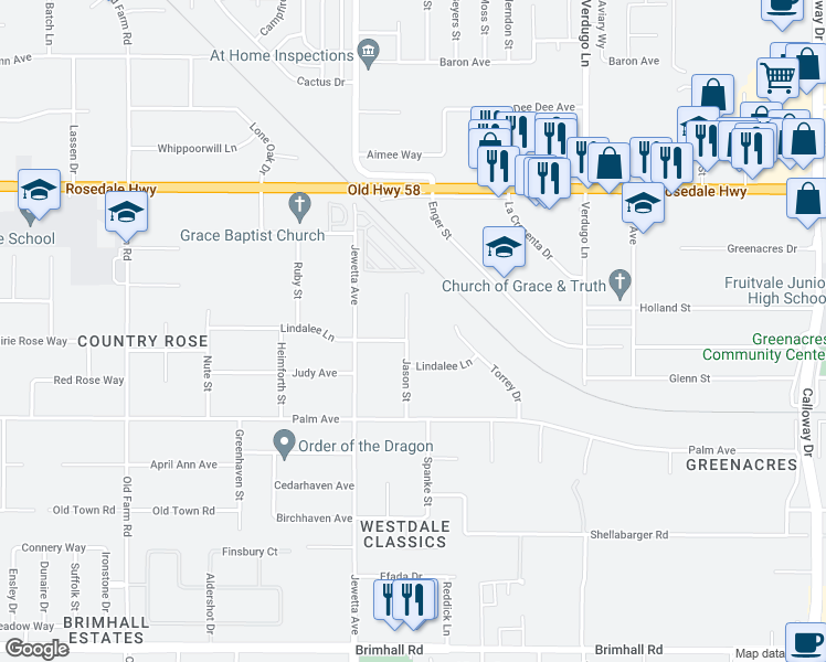 map of restaurants, bars, coffee shops, grocery stores, and more near 2100 Jason Street in Bakersfield