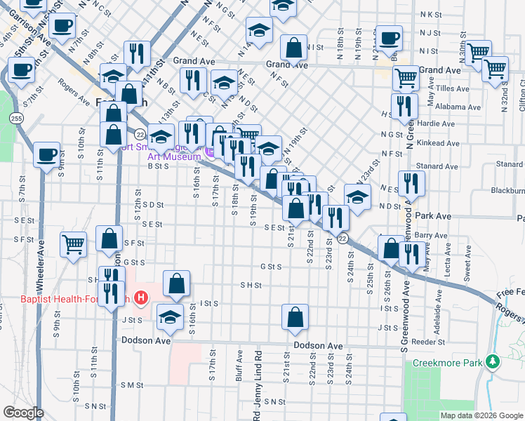 map of restaurants, bars, coffee shops, grocery stores, and more near 1910 South D Street in Fort Smith