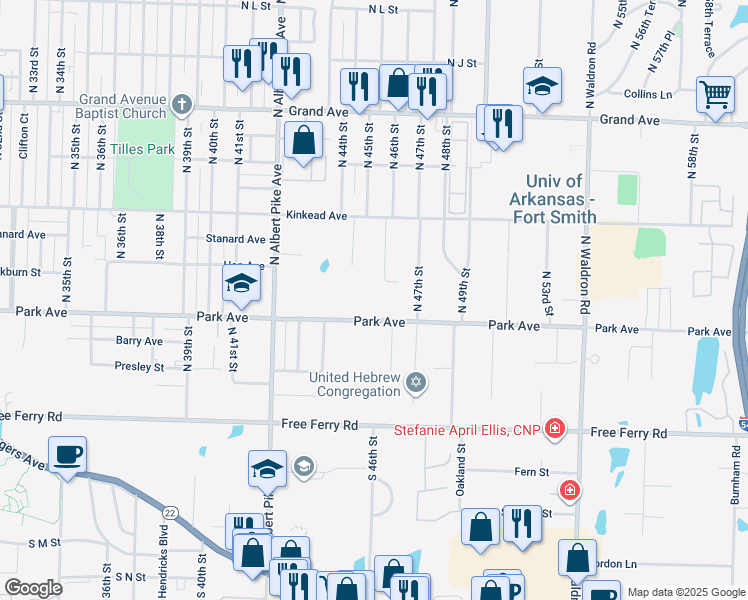 map of restaurants, bars, coffee shops, grocery stores, and more near 4525 Park Avenue in Fort Smith