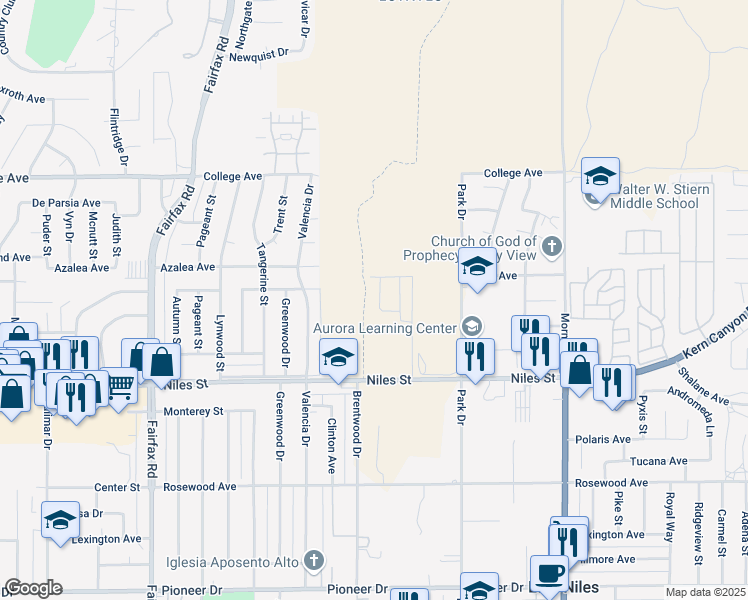 map of restaurants, bars, coffee shops, grocery stores, and more near 2802 Marivale Street in Bakersfield