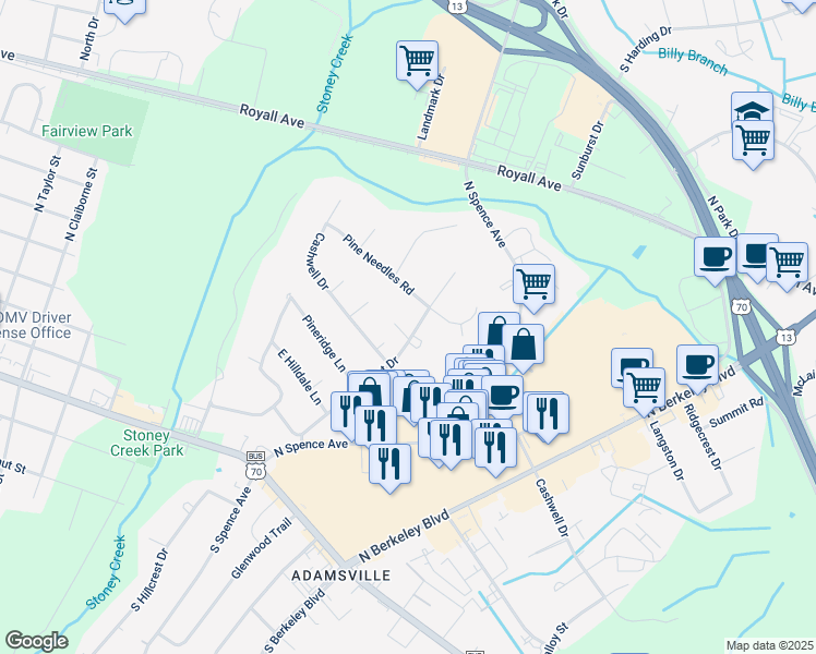 map of restaurants, bars, coffee shops, grocery stores, and more near 2505 Dawn Circle in Goldsboro