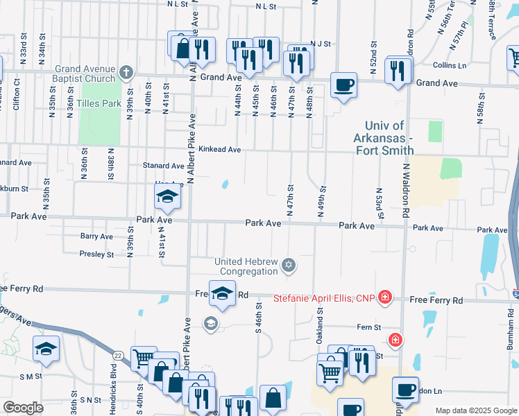 map of restaurants, bars, coffee shops, grocery stores, and more near 4525 Park Avenue in Fort Smith