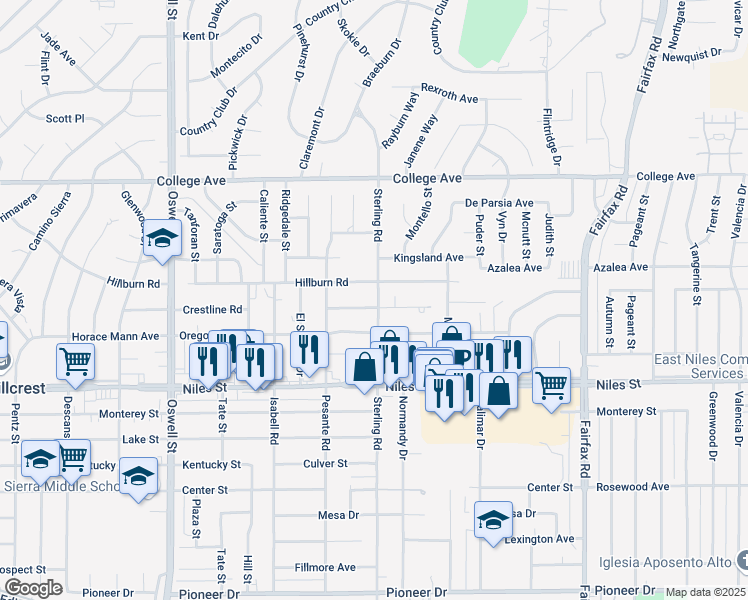 map of restaurants, bars, coffee shops, grocery stores, and more near 3831 Mitchell Avenue in Bakersfield