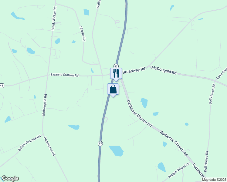 map of restaurants, bars, coffee shops, grocery stores, and more near 5145 North Carolina 87 in Sanford