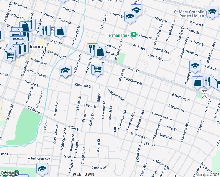 map of restaurants, bars, coffee shops, grocery stores, and more near 902 East Walnut Street in Goldsboro