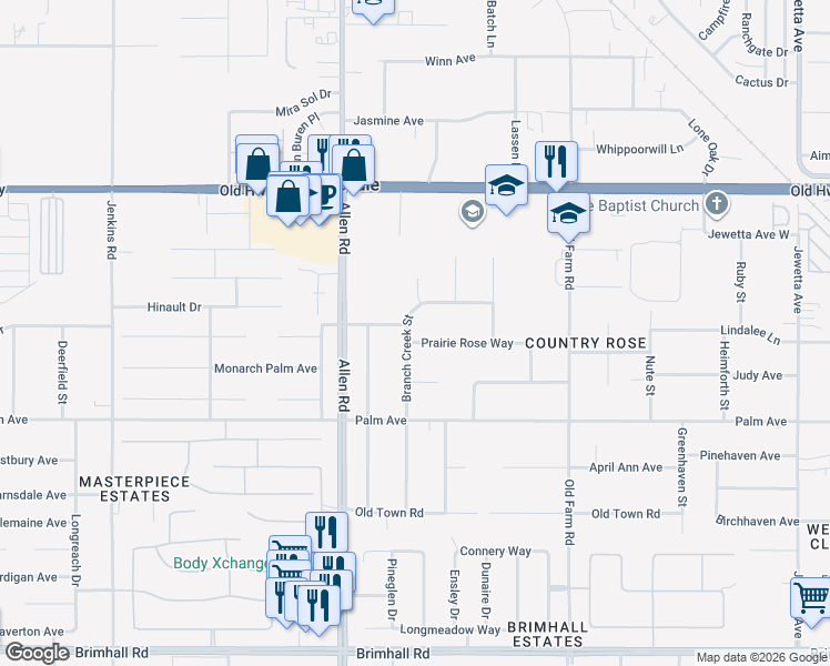 map of restaurants, bars, coffee shops, grocery stores, and more near 2112 Branch Creek Street in Bakersfield