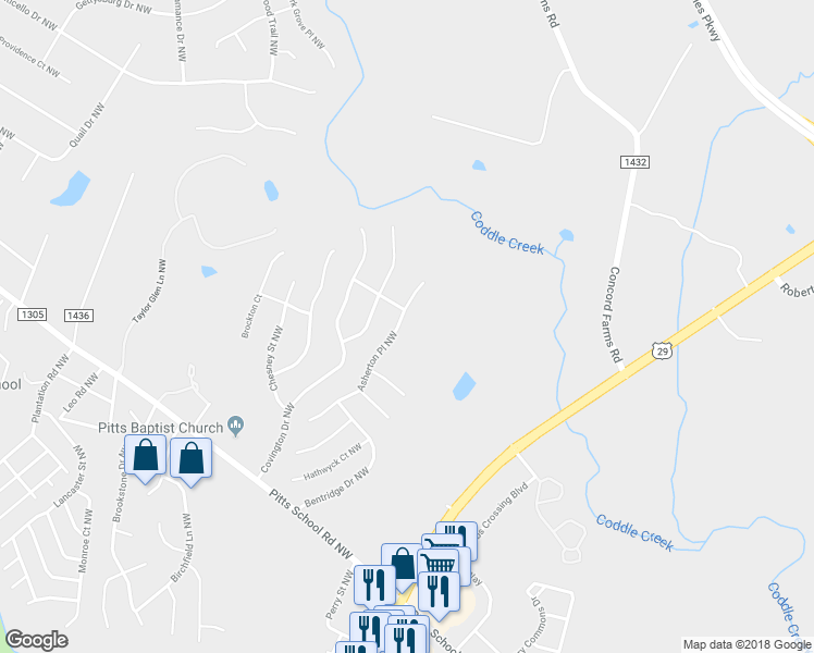 map of restaurants, bars, coffee shops, grocery stores, and more near 4762 Asherton Place in Concord