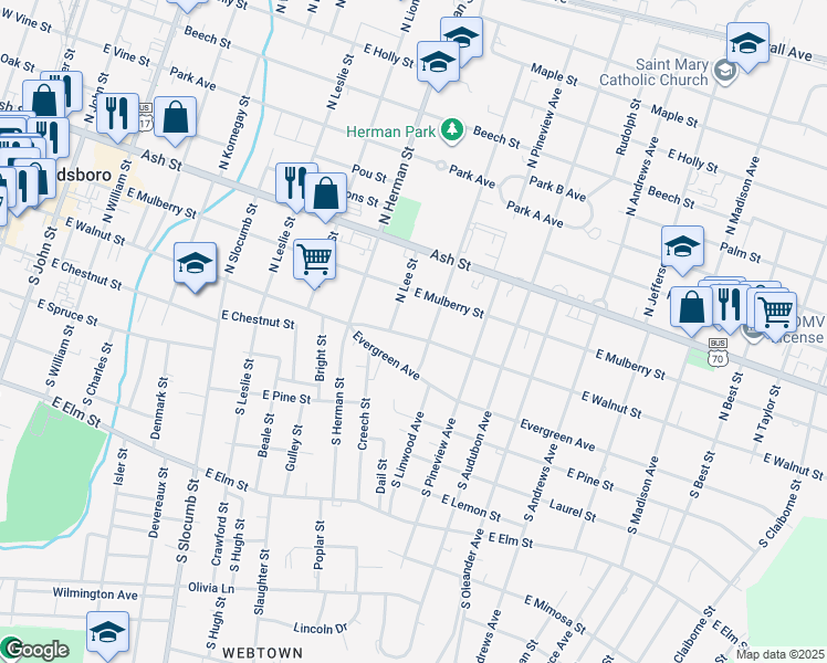 map of restaurants, bars, coffee shops, grocery stores, and more near 1009 East Walnut Street in Goldsboro