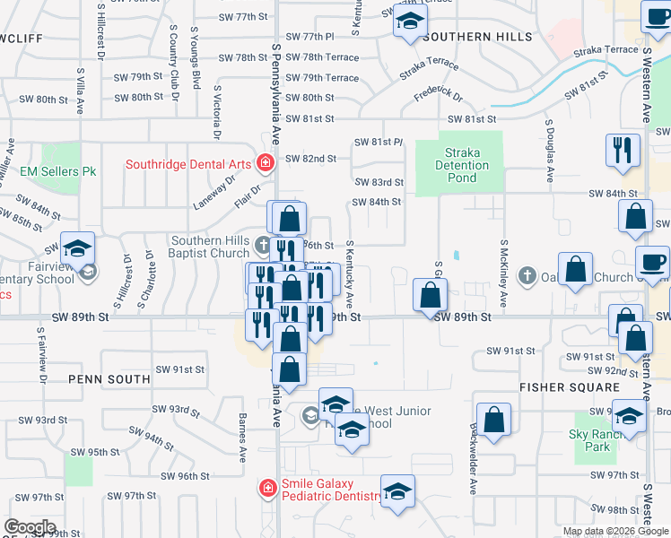 map of restaurants, bars, coffee shops, grocery stores, and more near 1508 Southwest 87th Street in Oklahoma City
