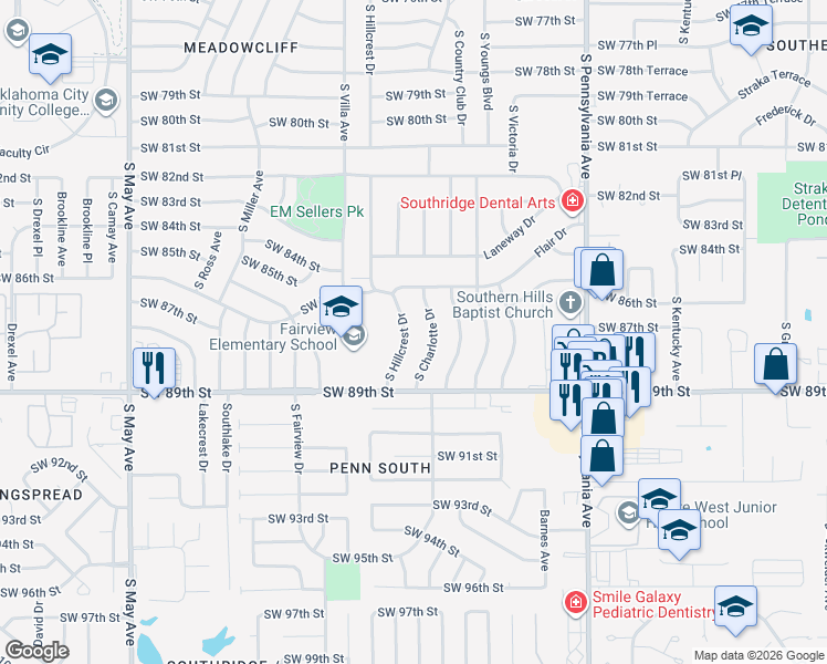 map of restaurants, bars, coffee shops, grocery stores, and more near 8805 South Charlotte Drive in Oklahoma City