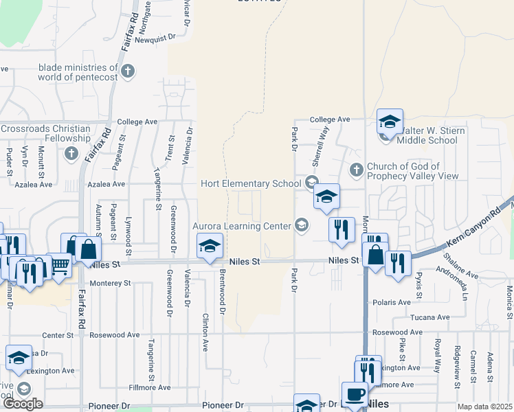 map of restaurants, bars, coffee shops, grocery stores, and more near 2301 Park Drive in Bakersfield