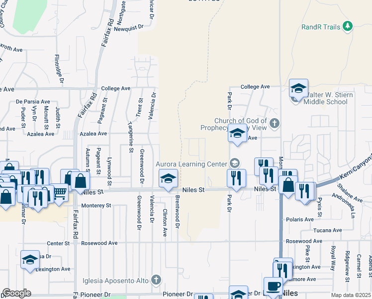 map of restaurants, bars, coffee shops, grocery stores, and more near 7299 Franklin Avenue in Bakersfield