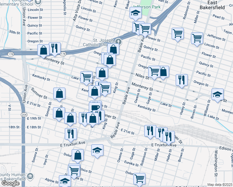 map of restaurants, bars, coffee shops, grocery stores, and more near 1007 King Street in Bakersfield