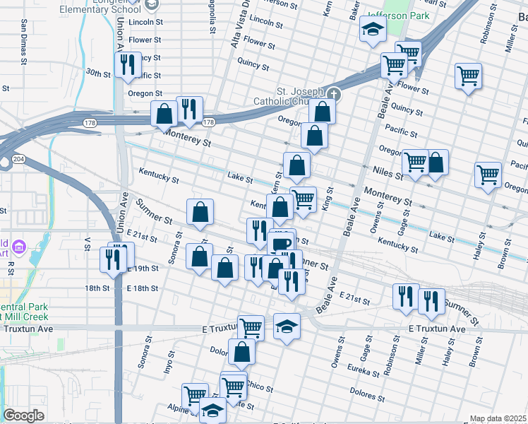 map of restaurants, bars, coffee shops, grocery stores, and more near 604 Kentucky Street in Bakersfield