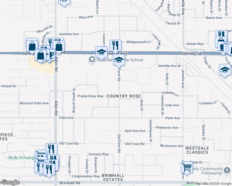 map of restaurants, bars, coffee shops, grocery stores, and more near 2113 Old Farm Road in Bakersfield