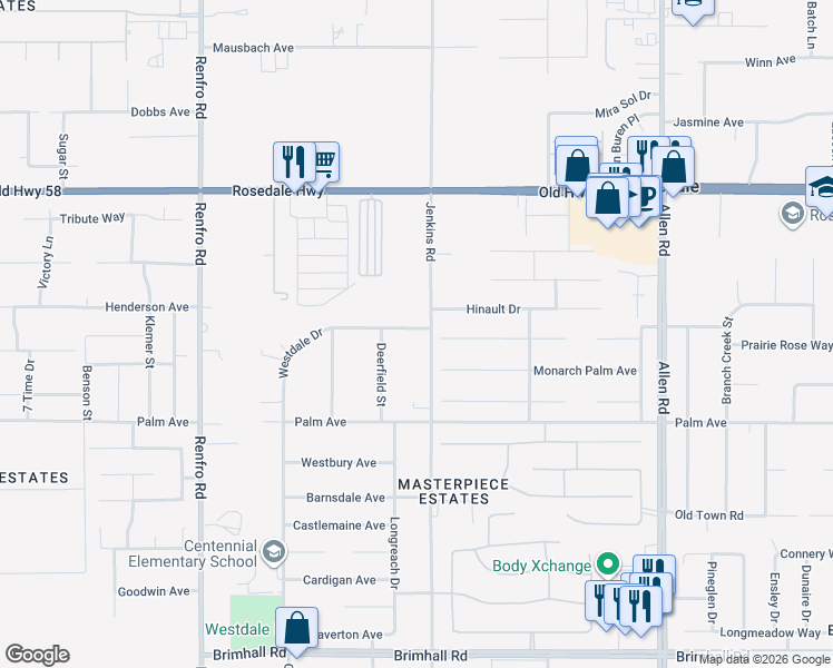 map of restaurants, bars, coffee shops, grocery stores, and more near 2118 Deerfield Street in Bakersfield