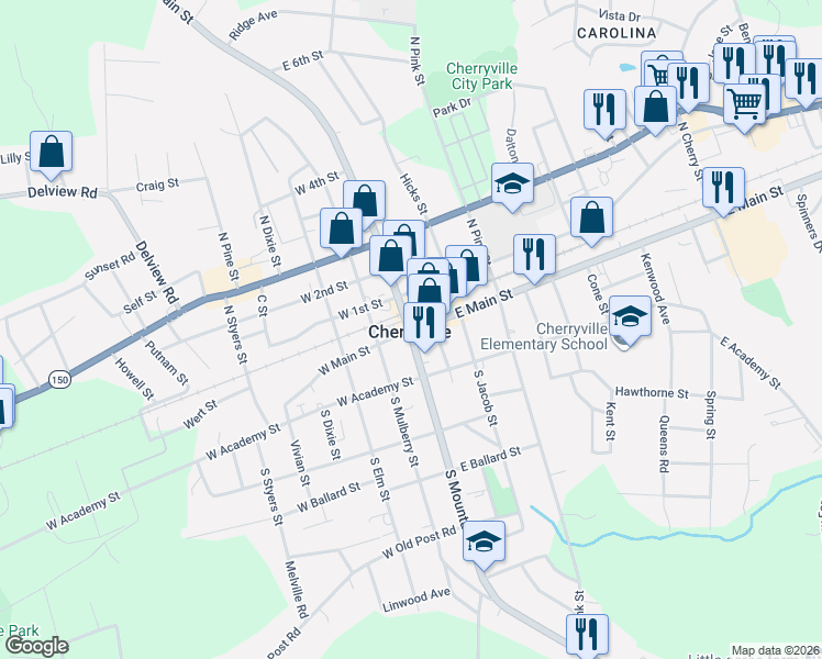 map of restaurants, bars, coffee shops, grocery stores, and more near in Cherryville