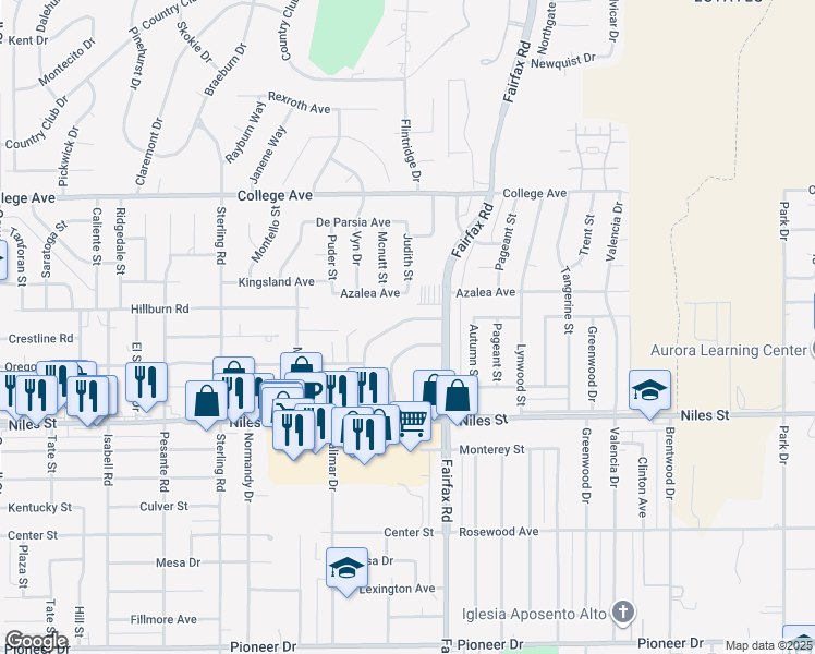 map of restaurants, bars, coffee shops, grocery stores, and more near 2315 Pictoria Drive in Bakersfield