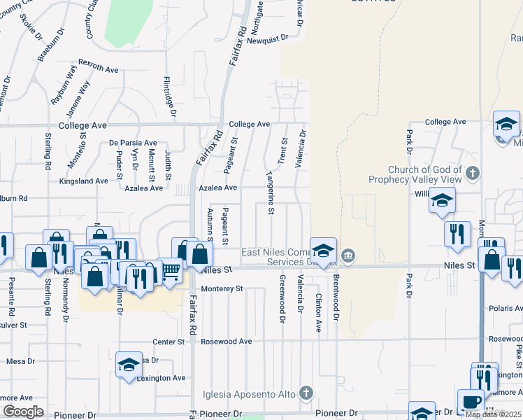 map of restaurants, bars, coffee shops, grocery stores, and more near 2309 Edgewood Street in Bakersfield