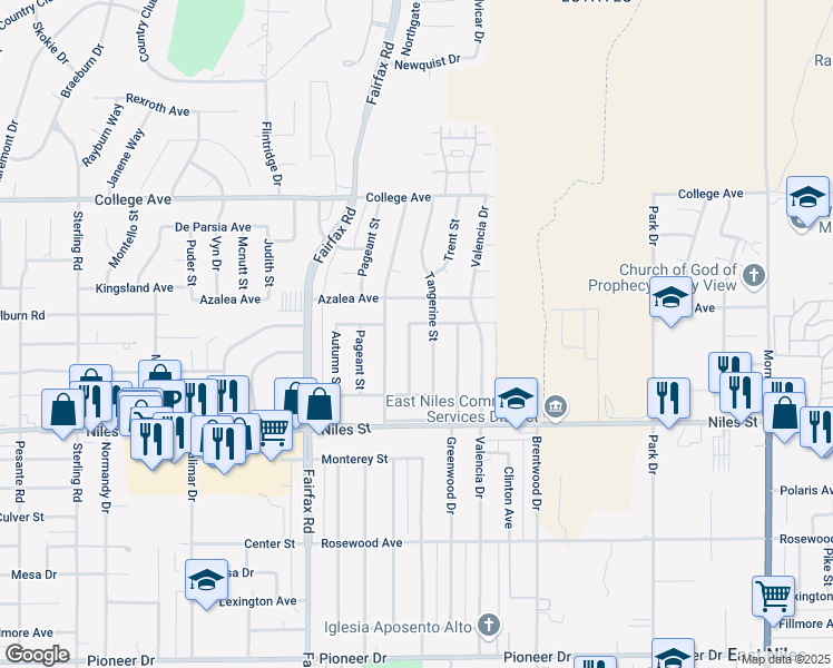 map of restaurants, bars, coffee shops, grocery stores, and more near 2309 Edgewood Street in Bakersfield