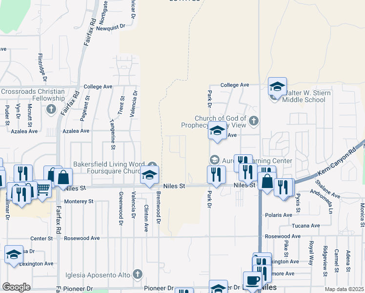 map of restaurants, bars, coffee shops, grocery stores, and more near 2803 Mallow Way in Bakersfield