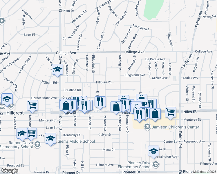 map of restaurants, bars, coffee shops, grocery stores, and more near 3805 Mitchell Avenue in Bakersfield