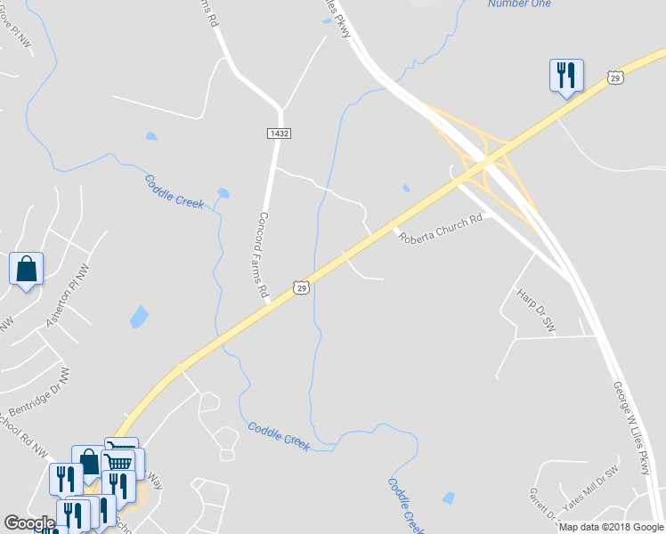 map of restaurants, bars, coffee shops, grocery stores, and more near 2717 Concord Parkway South in Concord