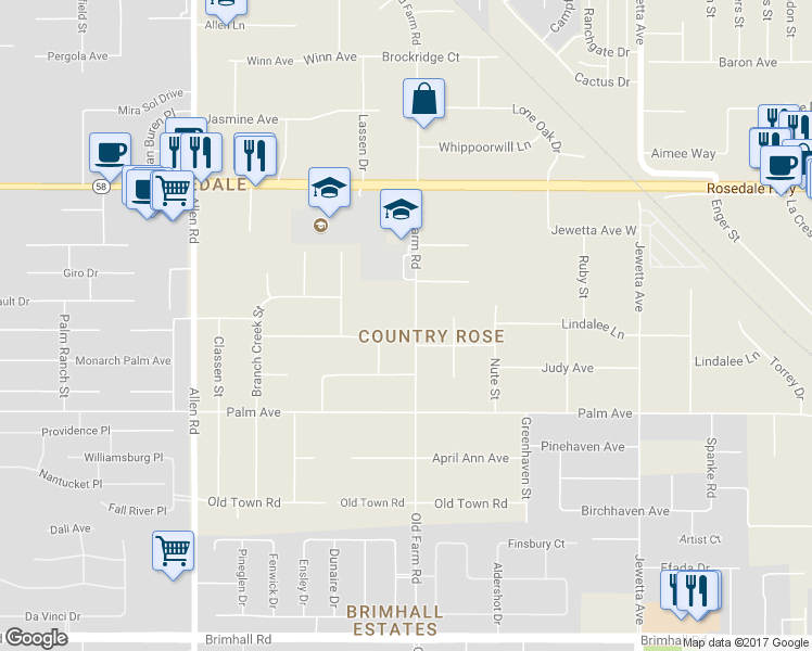 map of restaurants, bars, coffee shops, grocery stores, and more near 2113 Old Farm Road in Bakersfield